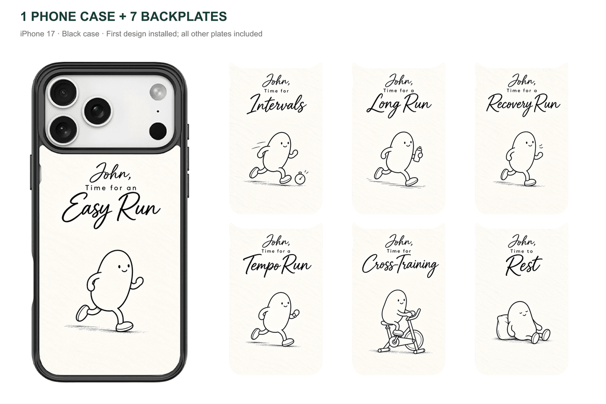 Running Days Personalized — 7 Backplates + 1 Phone Case — iPhone 17 Black case with all 7 backplates
