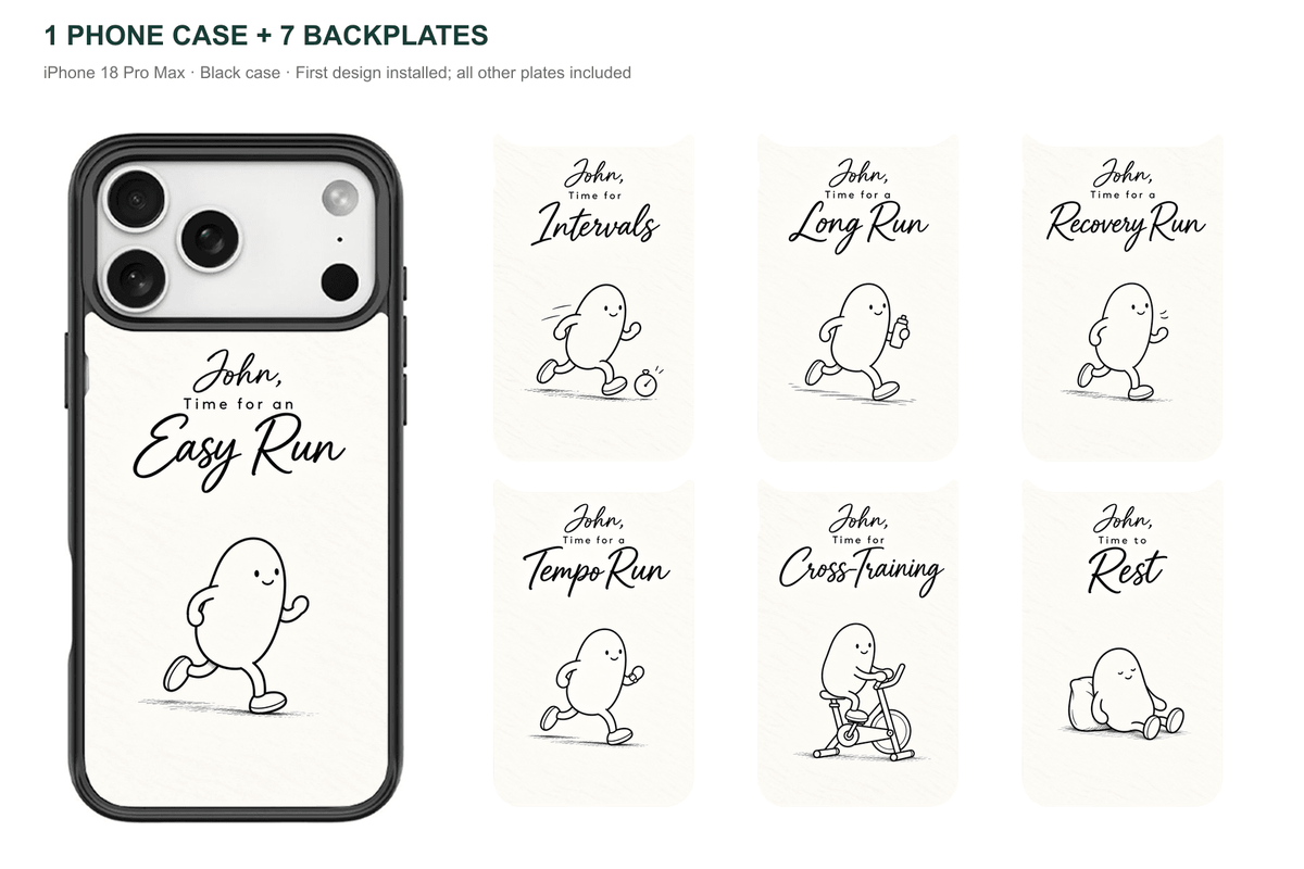 Running Days Personalized — 7 Backplates + 1 Phone Case — iPhone 18 Pro Max Black case with all 7 backplates