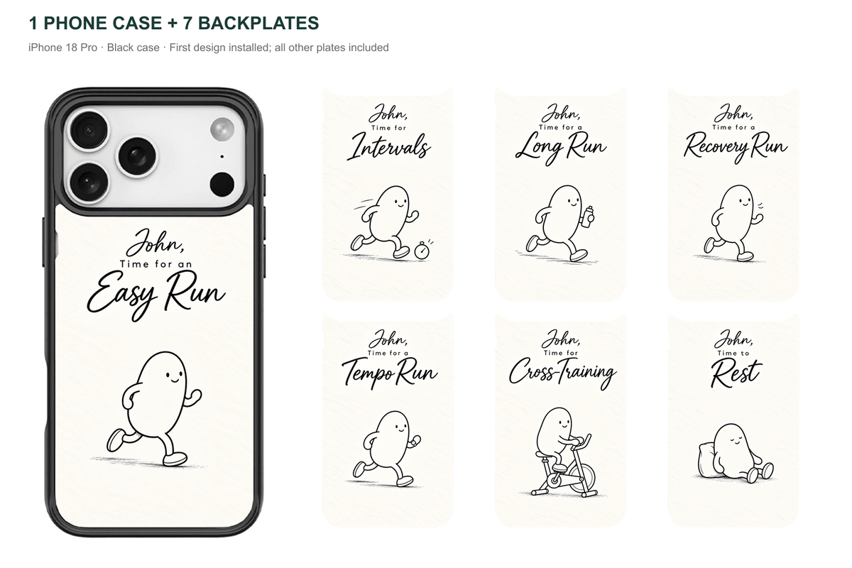 Running Days Personalized — 7 Backplates + 1 Phone Case — iPhone 18 Pro Black case with all 7 backplates