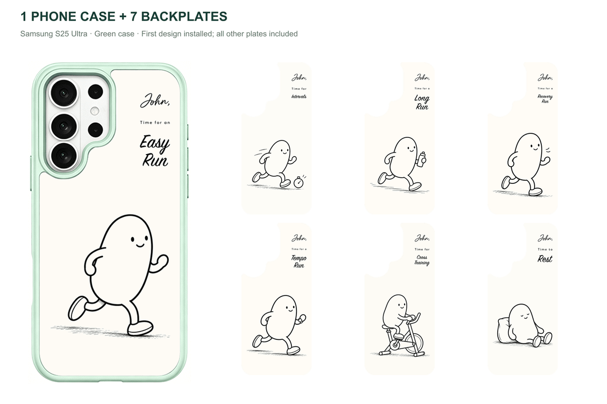 Running Days Personalized — 7 Backplates + 1 Phone Case — Samsung S25 Ultra Green case with all 7 backplates