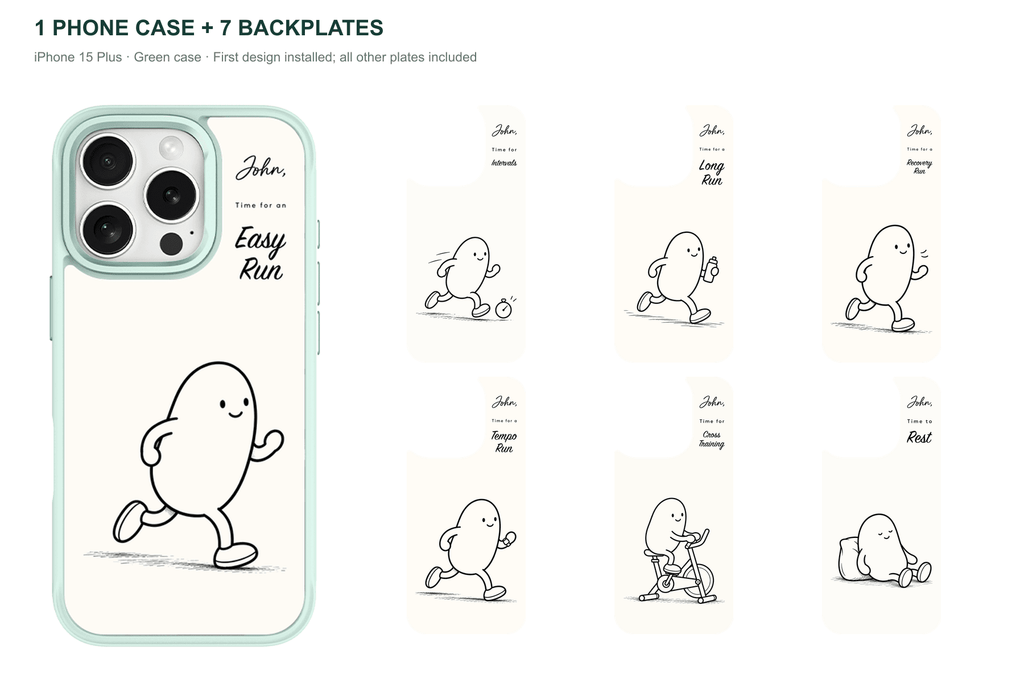 Running Days Personalized — 7 Backplates + 1 Phone Case — iPhone 15 Plus Green case with all 7 backplates