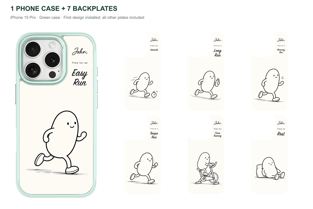 Running Days Personalized — 7 Backplates + 1 Phone Case — iPhone 15 Pro Green case with all 7 backplates