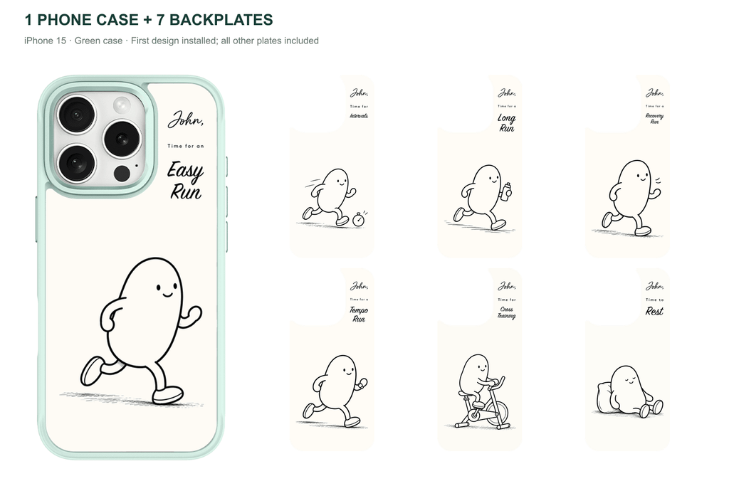 Running Days Personalized — 7 Backplates + 1 Phone Case — iPhone 15 Green case with all 7 backplates