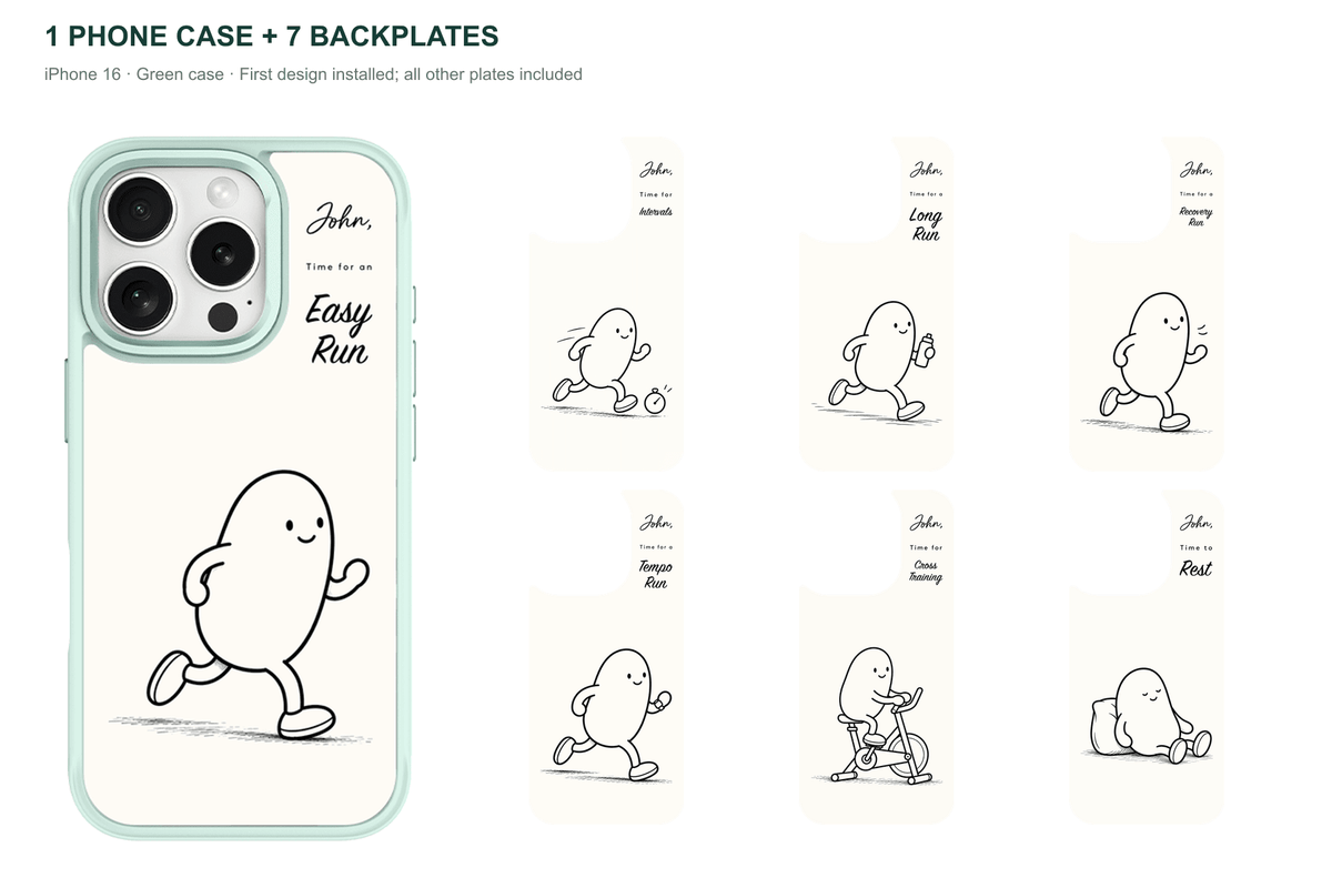 Running Days Personalized — 7 Backplates + 1 Phone Case — iPhone 16 Green case with all 7 backplates