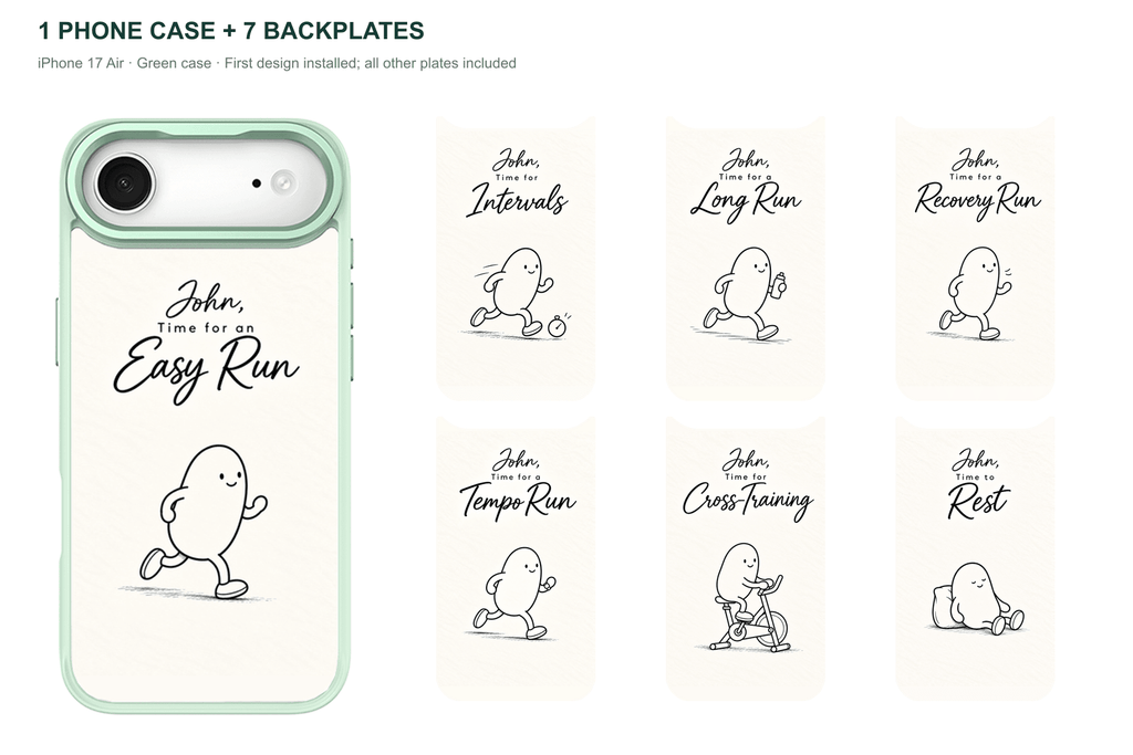 Running Days Personalized — 7 Backplates + 1 Phone Case — iPhone 17 Air Green case with all 7 backplates