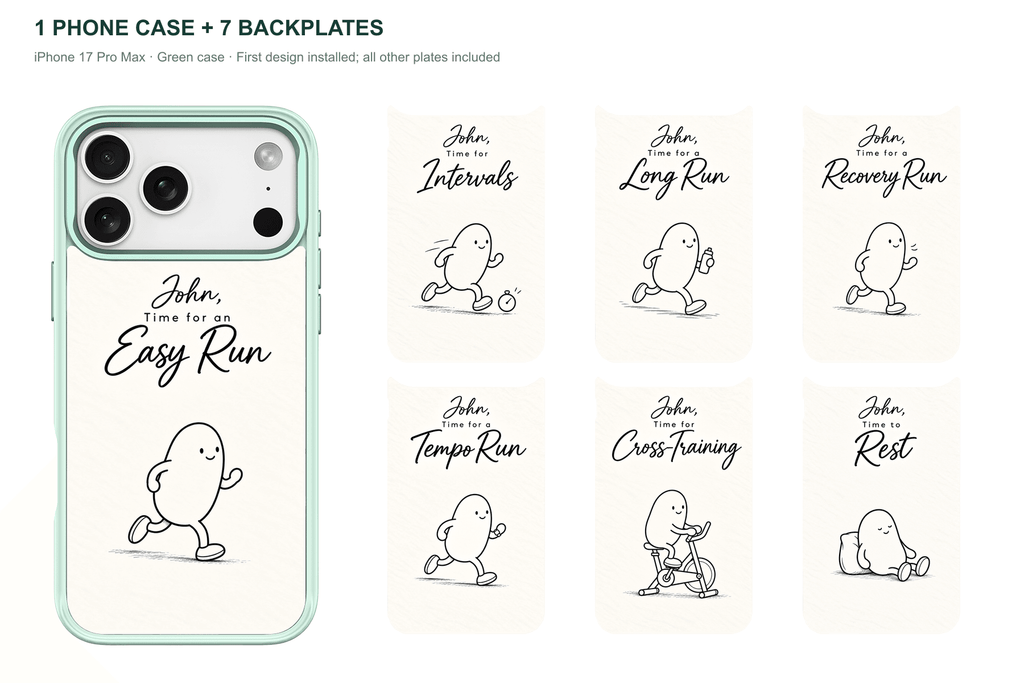 Running Days Personalized — 7 Backplates + 1 Phone Case — iPhone 17 Pro Max Green case with all 7 backplates