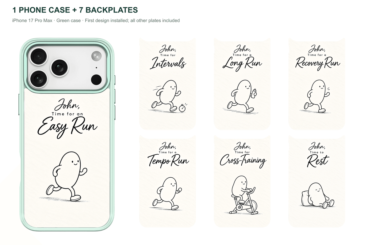Running Days Personalized — 7 Backplates + 1 Phone Case — iPhone 17 Pro Max Green case with all 7 backplates