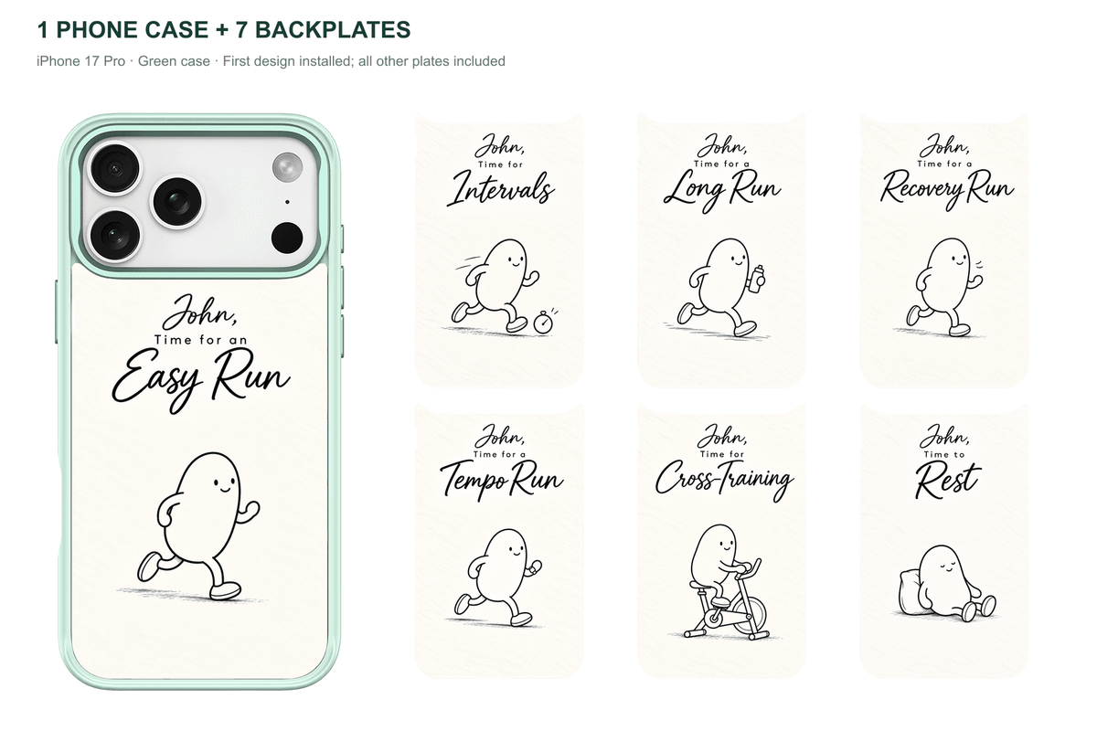 Running Days Personalized — 7 Backplates + 1 Phone Case — iPhone 17 Pro Green case with all 7 backplates