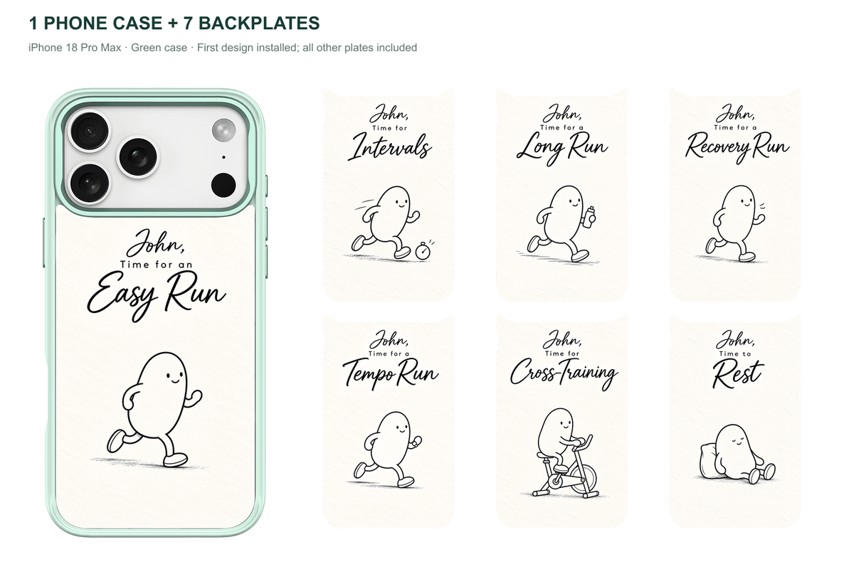 Running Days Personalized — 7 Backplates + 1 Phone Case — iPhone 18 Pro Max Green case with all 7 backplates