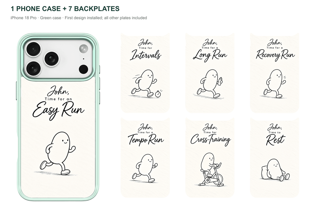 Running Days Personalized — 7 Backplates + 1 Phone Case — iPhone 18 Pro Green case with all 7 backplates
