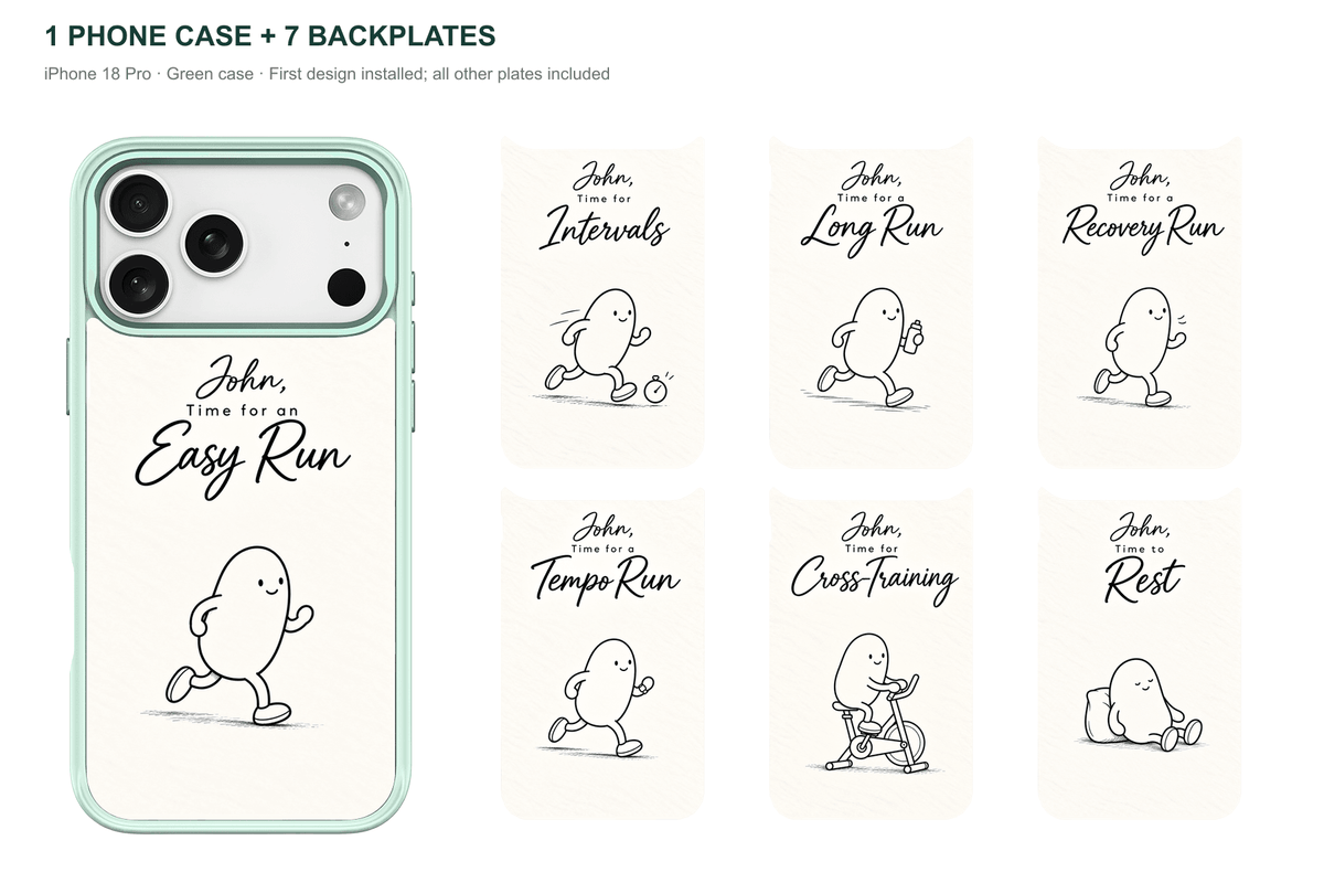 Running Days Personalized — 7 Backplates + 1 Phone Case — iPhone 18 Pro Green case with all 7 backplates