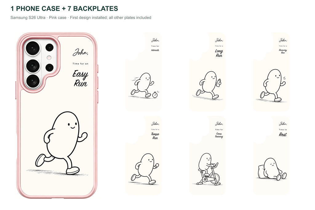 Running Days Personalized — 7 Backplates + 1 Phone Case — Samsung S26 Ultra Pink case with all 7 backplates