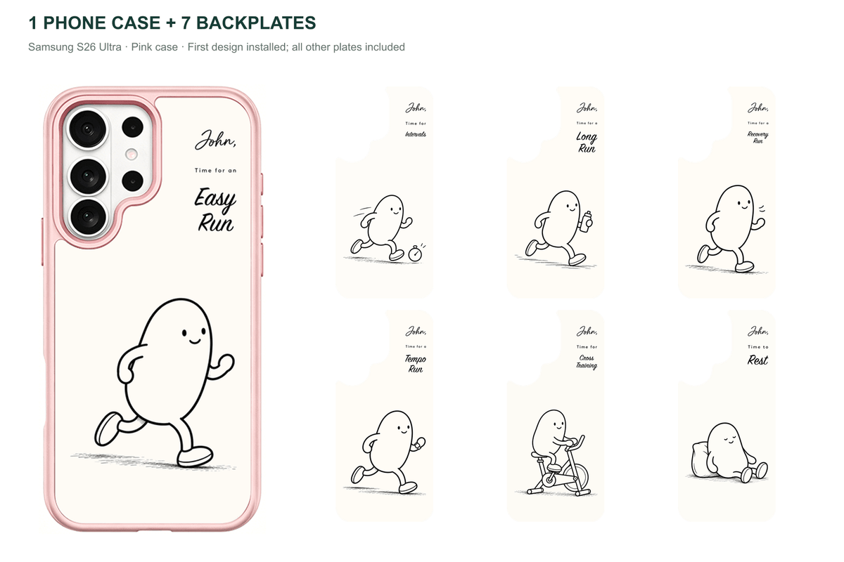 Running Days Personalized — 7 Backplates + 1 Phone Case — Samsung S26 Ultra Pink case with all 7 backplates