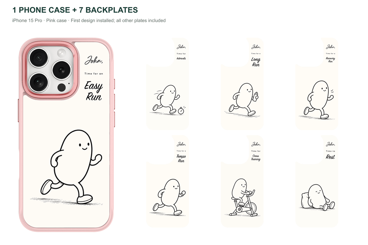 Running Days Personalized — 7 Backplates + 1 Phone Case — iPhone 15 Pro Pink case with all 7 backplates