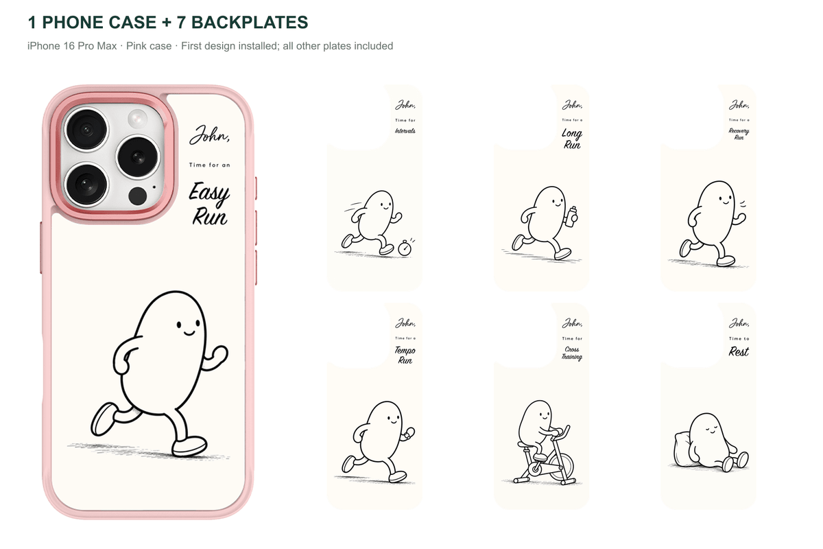 Running Days Personalized — 7 Backplates + 1 Phone Case — iPhone 16 Pro Max Pink case with all 7 backplates