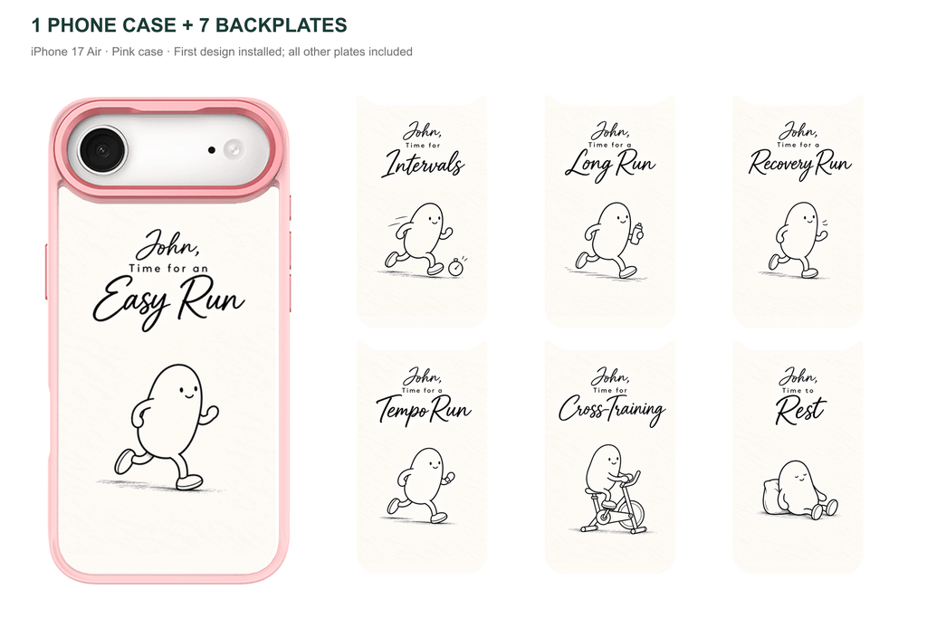Running Days Personalized — 7 Backplates + 1 Phone Case — iPhone 17 Air Pink case with all 7 backplates