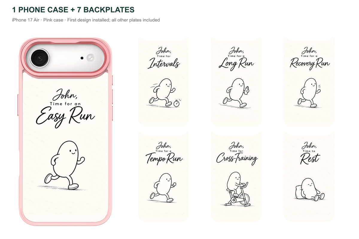 Running Days Personalized — 7 Backplates + 1 Phone Case — iPhone 17 Air Pink case with all 7 backplates