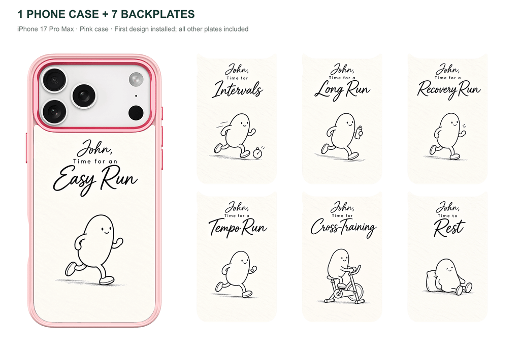 Running Days Personalized — 7 Backplates + 1 Phone Case — iPhone 17 Pro Max Pink case with all 7 backplates