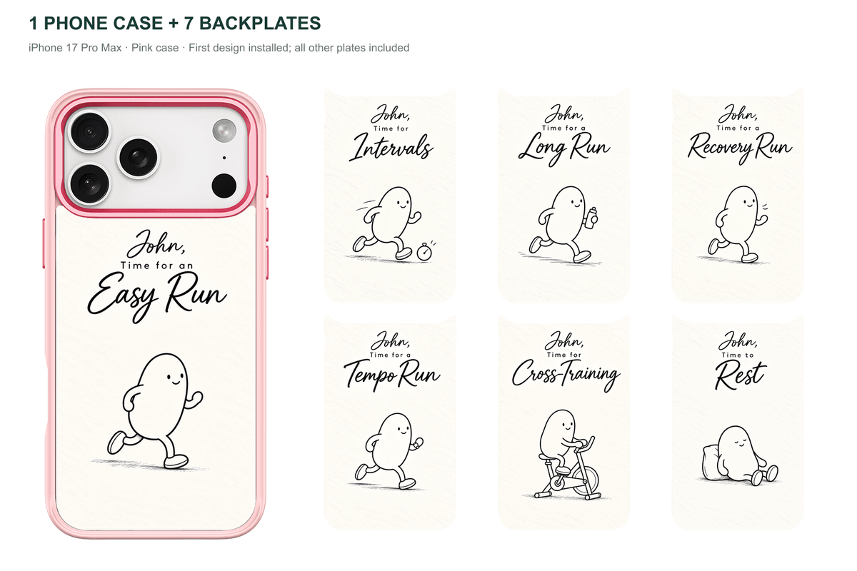 Running Days Personalized — 7 Backplates + 1 Phone Case — iPhone 17 Pro Max Pink case with all 7 backplates