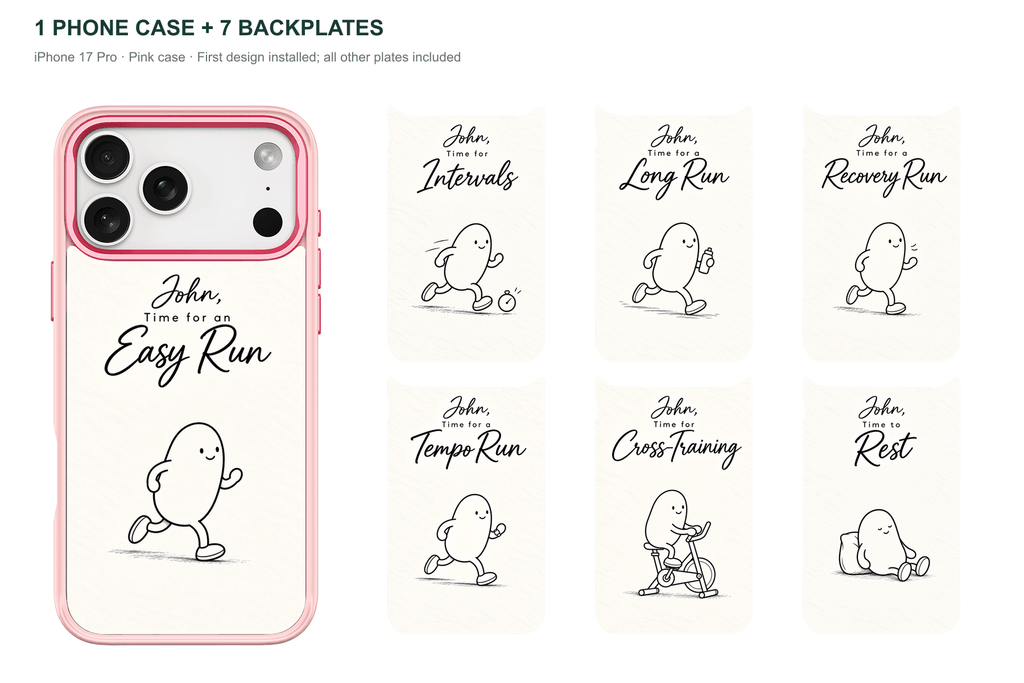 Running Days Personalized — 7 Backplates + 1 Phone Case — iPhone 17 Pro Pink case with all 7 backplates