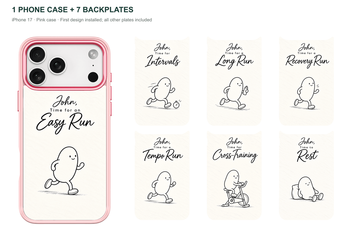 Running Days Personalized — 7 Backplates + 1 Phone Case — iPhone 17 Pink case with all 7 backplates
