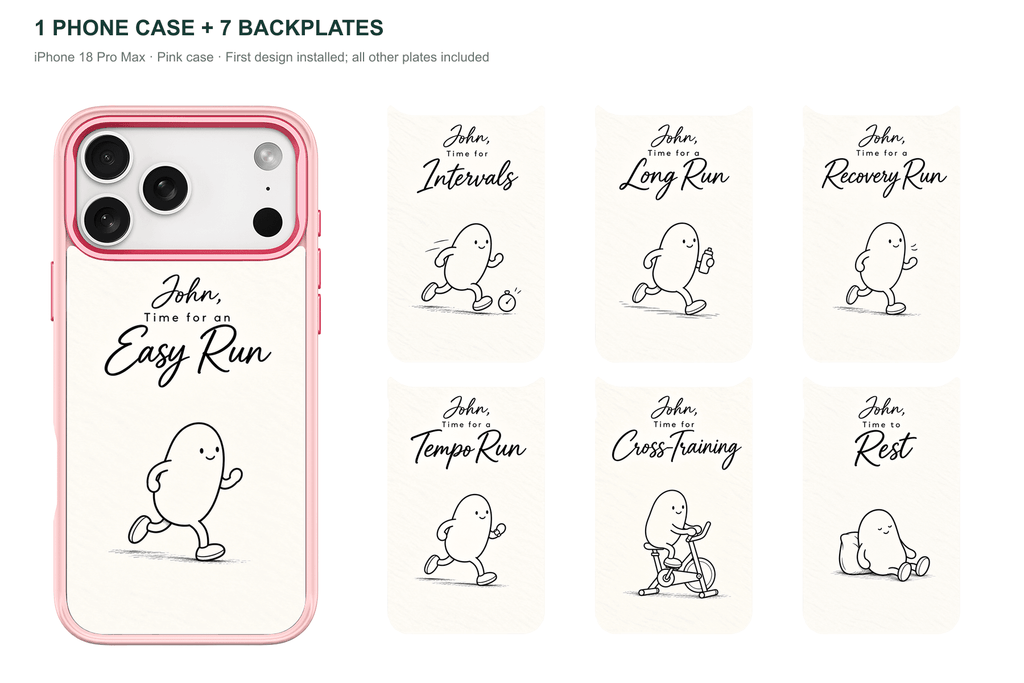 Running Days Personalized — 7 Backplates + 1 Phone Case — iPhone 18 Pro Max Pink case with all 7 backplates