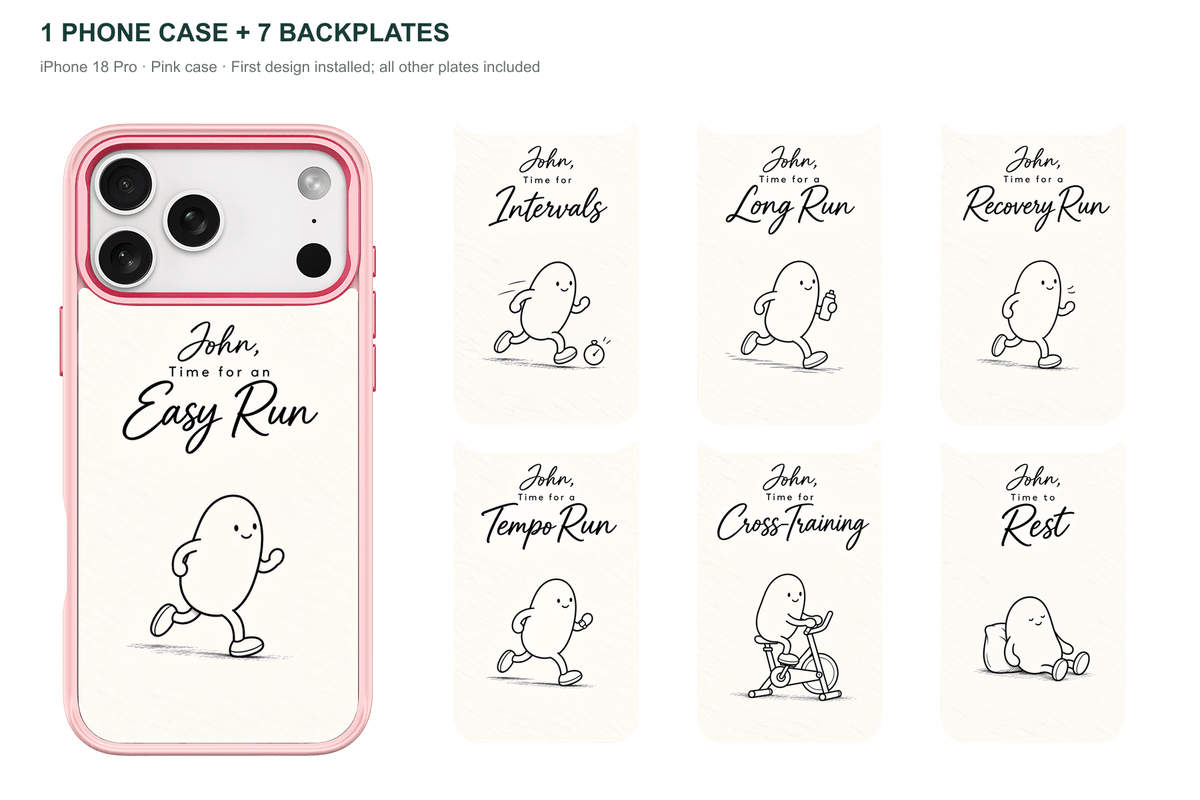 Running Days Personalized — 7 Backplates + 1 Phone Case — iPhone 18 Pro Pink case with all 7 backplates