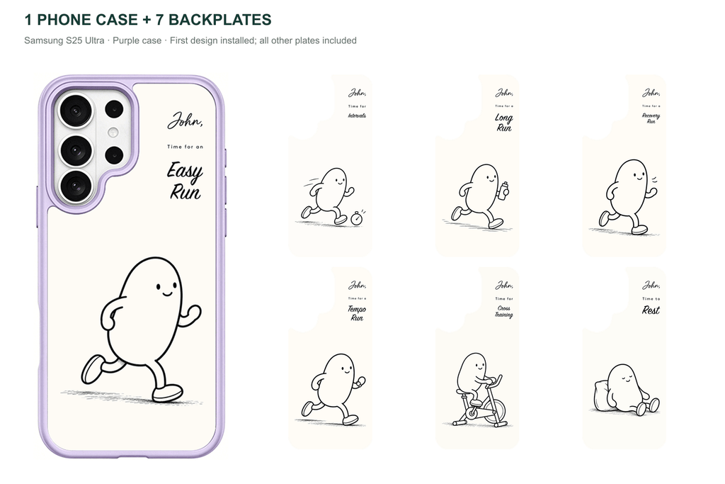 Running Days Personalized — 7 Backplates + 1 Phone Case — Samsung S25 Ultra Purple case with all 7 backplates