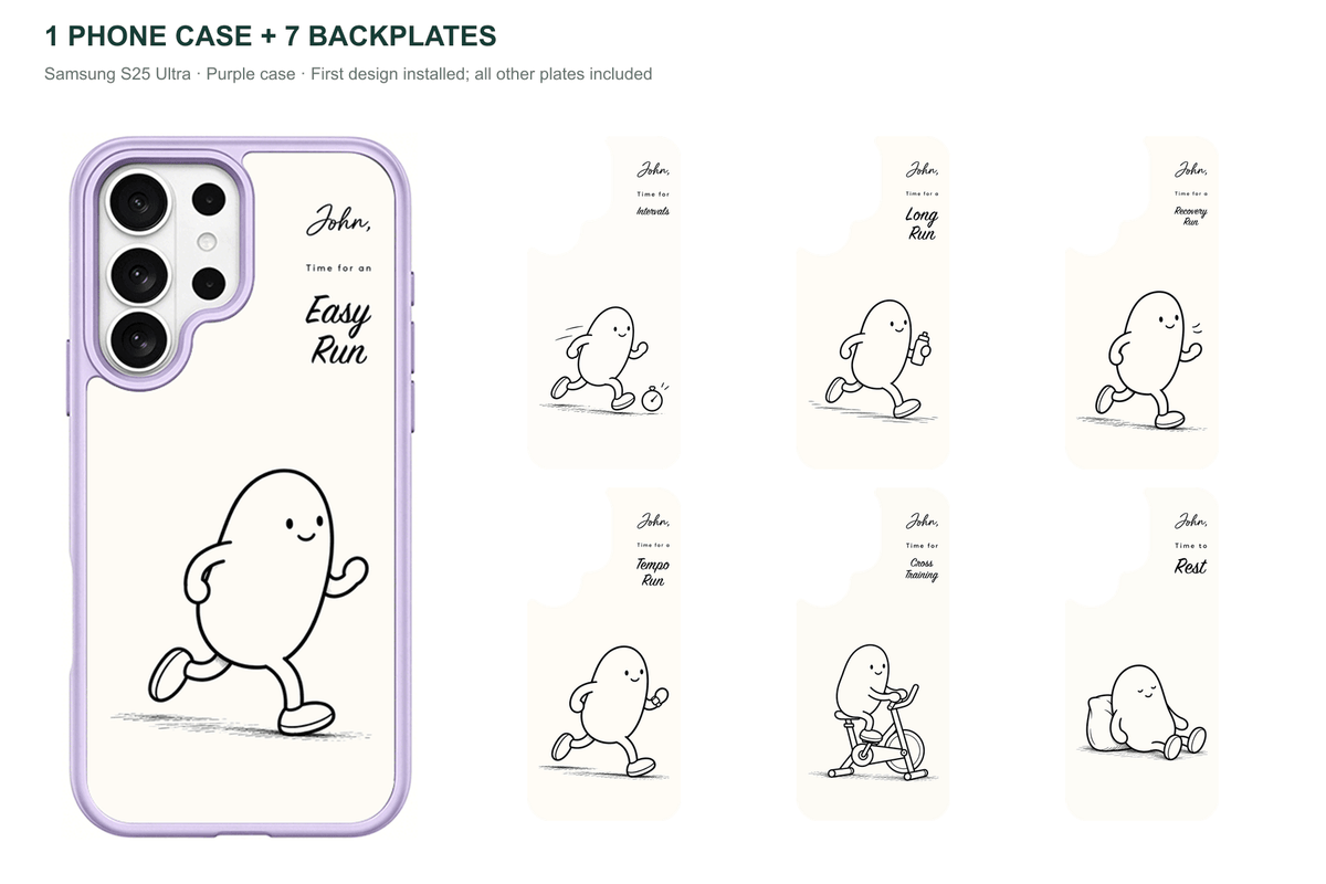 Running Days Personalized — 7 Backplates + 1 Phone Case — Samsung S25 Ultra Purple case with all 7 backplates