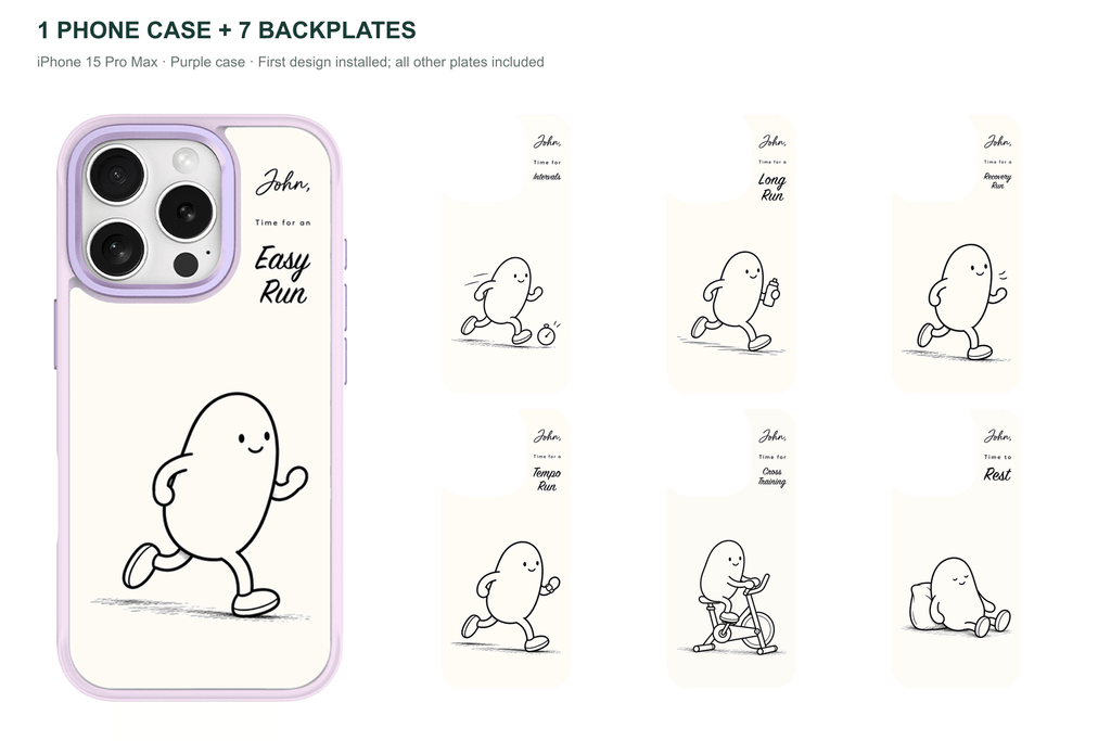 Running Days Personalized — 7 Backplates + 1 Phone Case — iPhone 15 Pro Max Purple case with all 7 backplates