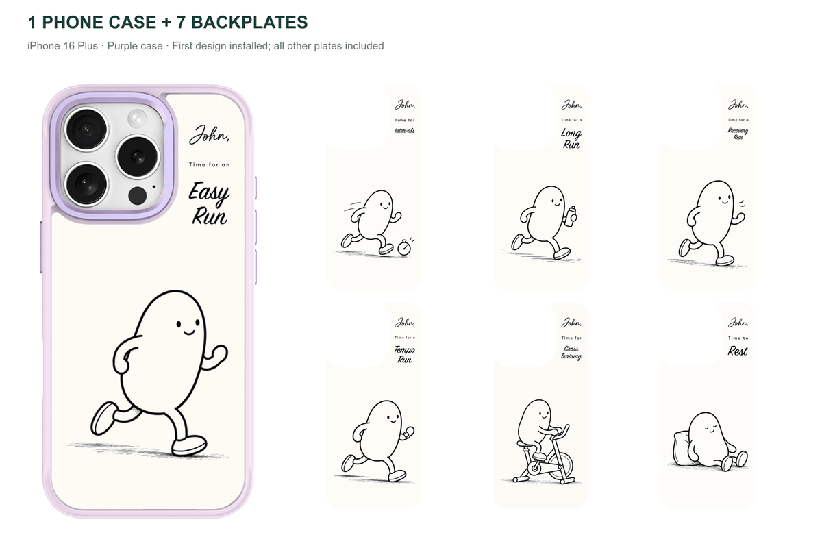 Running Days Personalized — 7 Backplates + 1 Phone Case — iPhone 16 Plus Purple case with all 7 backplates