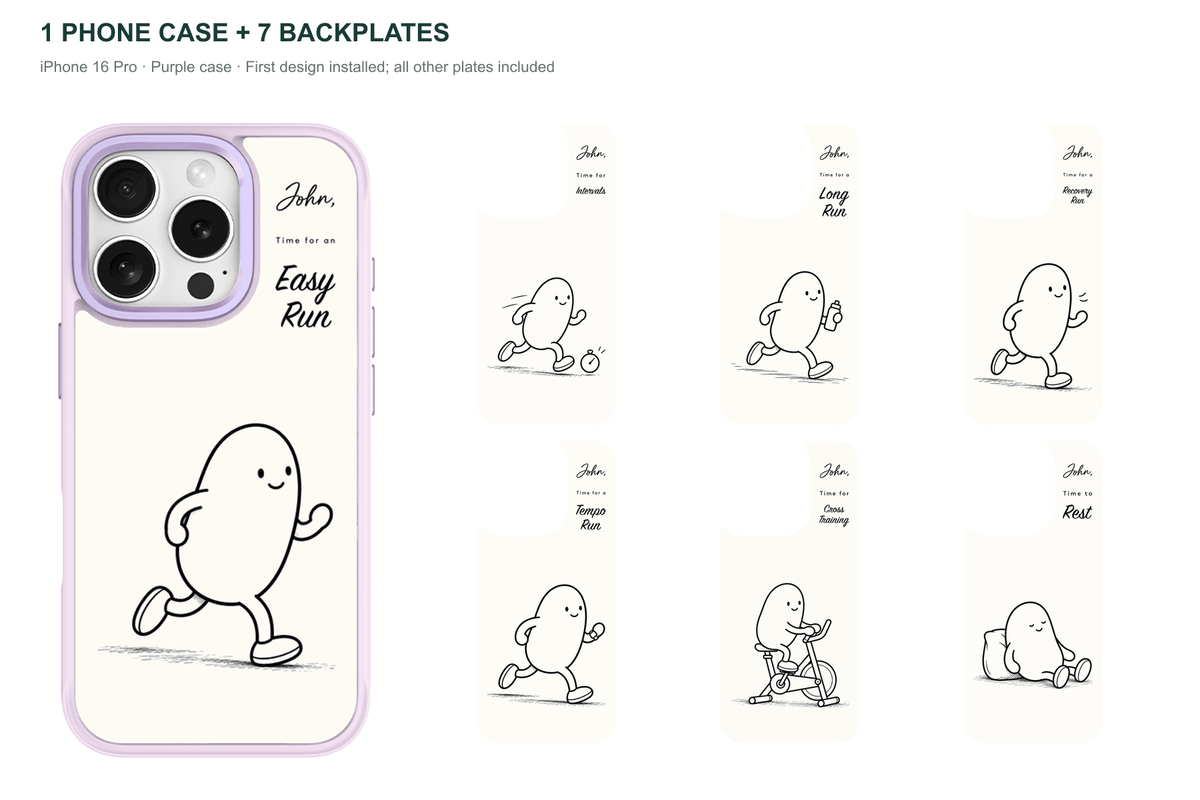 Running Days Personalized — 7 Backplates + 1 Phone Case — iPhone 16 Pro Purple case with all 7 backplates