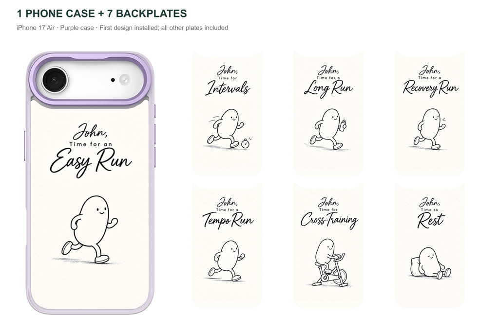 Running Days Personalized — 7 Backplates + 1 Phone Case — iPhone 17 Air Purple case with all 7 backplates