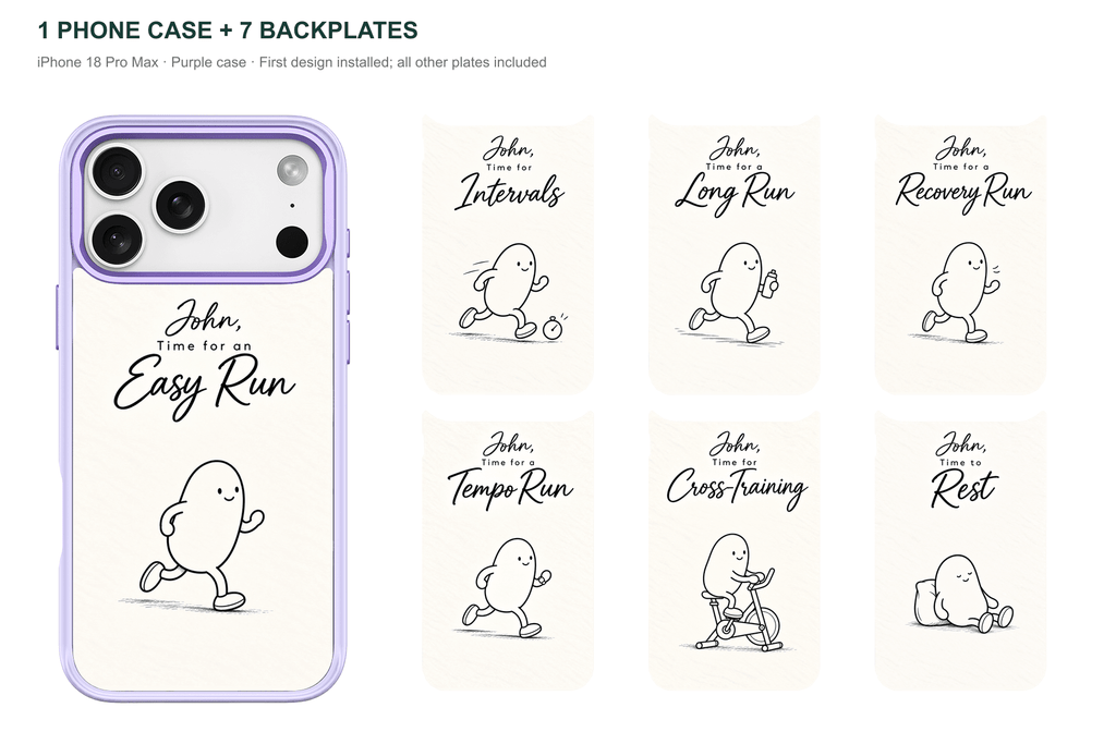 Running Days Personalized — 7 Backplates + 1 Phone Case — iPhone 18 Pro Max Purple case with all 7 backplates