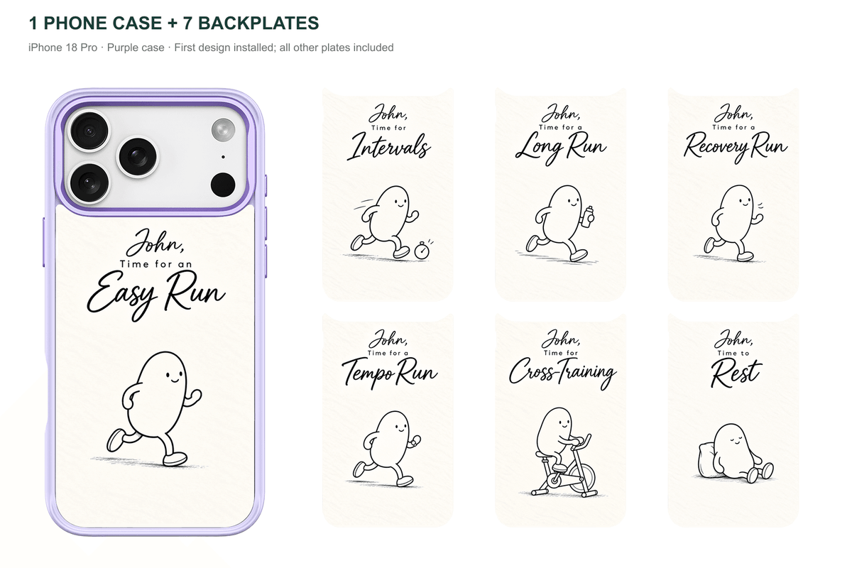 Running Days Personalized — 7 Backplates + 1 Phone Case — iPhone 18 Pro Purple case with all 7 backplates