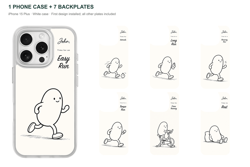 Running Days Personalized — 7 Backplates + 1 Phone Case — iPhone 15 Plus White case with all 7 backplates