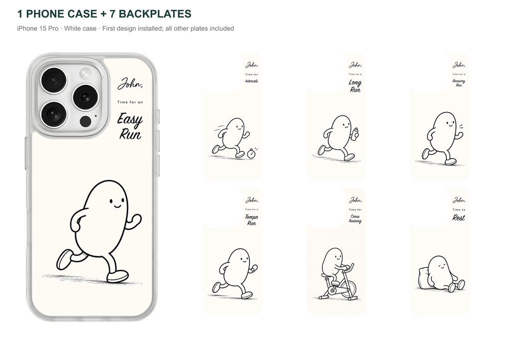 Running Days Personalized — 7 Backplates + 1 Phone Case — iPhone 15 Pro White case with all 7 backplates