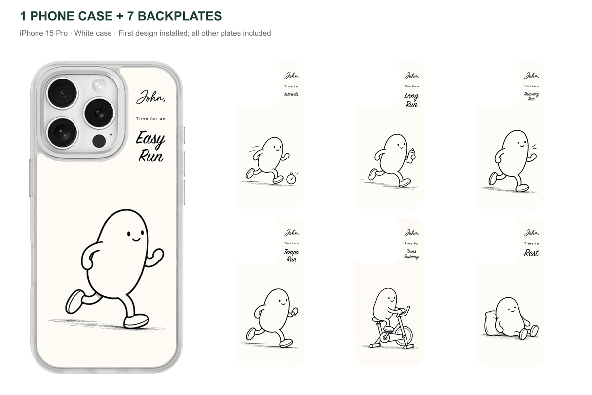 Running Days Personalized — 7 Backplates + 1 Phone Case — iPhone 15 Pro White case with all 7 backplates