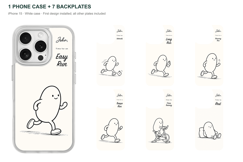 Running Days Personalized — 7 Backplates + 1 Phone Case — iPhone 15 White case with all 7 backplates