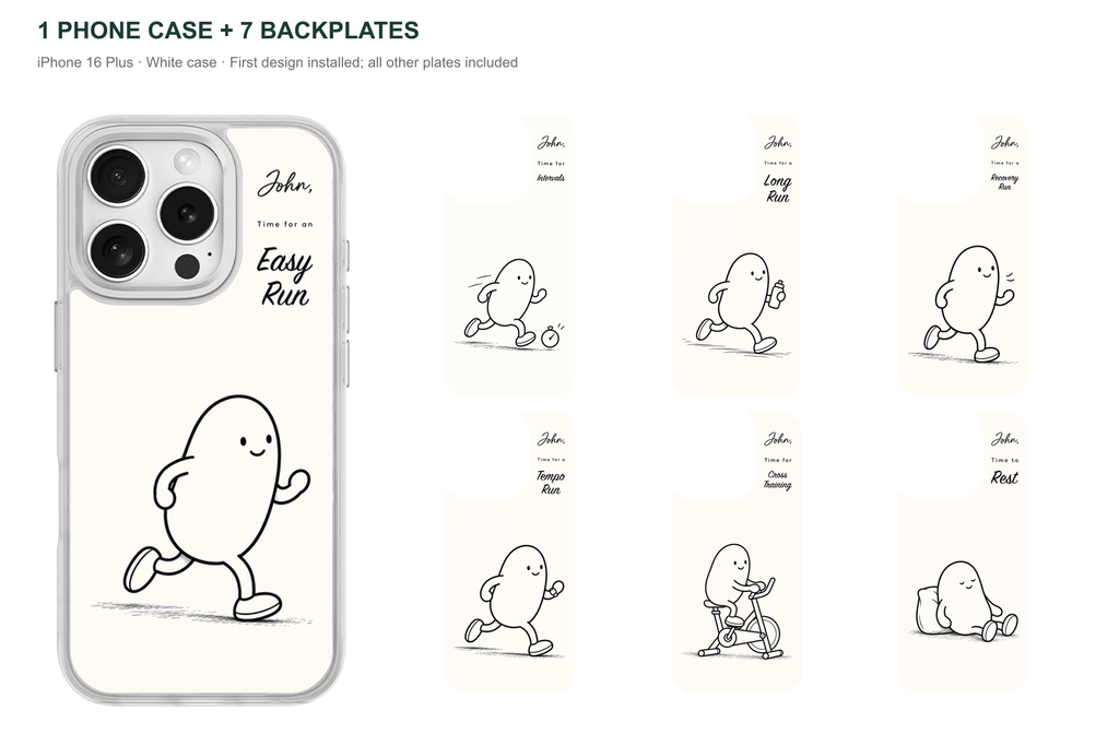 Running Days Personalized — 7 Backplates + 1 Phone Case — iPhone 16 Plus White case with all 7 backplates