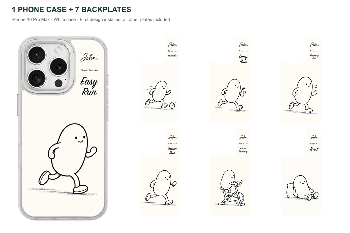 Running Days Personalized — 7 Backplates + 1 Phone Case — iPhone 16 Pro Max White case with all 7 backplates