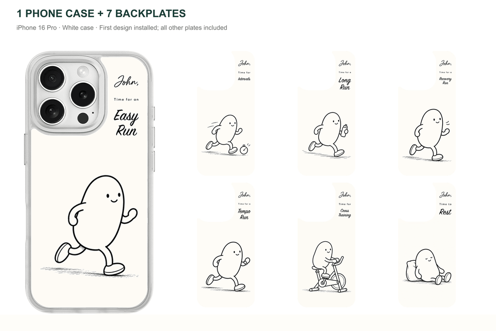 Running Days Personalized — 7 Backplates + 1 Phone Case — iPhone 16 Pro White case with all 7 backplates