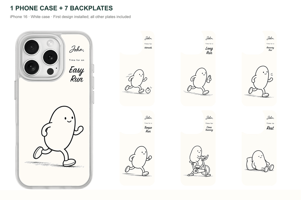 Running Days Personalized — 7 Backplates + 1 Phone Case — iPhone 16 White case with all 7 backplates
