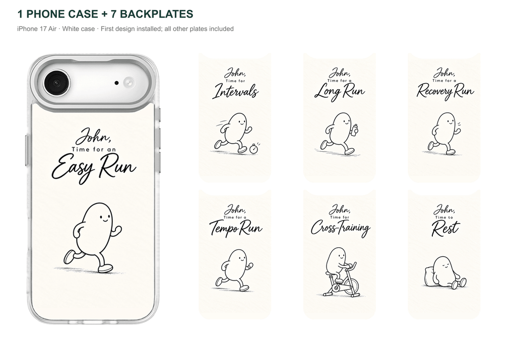 Running Days Personalized — 7 Backplates + 1 Phone Case — iPhone 17 Air White case with all 7 backplates