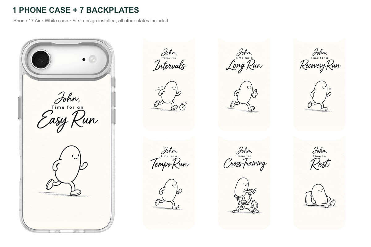 Running Days Personalized — 7 Backplates + 1 Phone Case — iPhone 17 Air White case with all 7 backplates