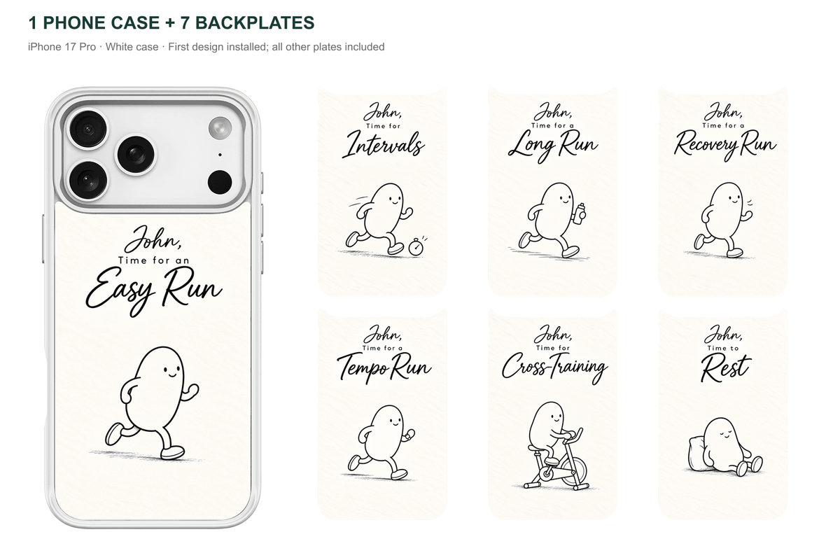 Running Days Personalized — 7 Backplates + 1 Phone Case — iPhone 17 Pro White case with all 7 backplates