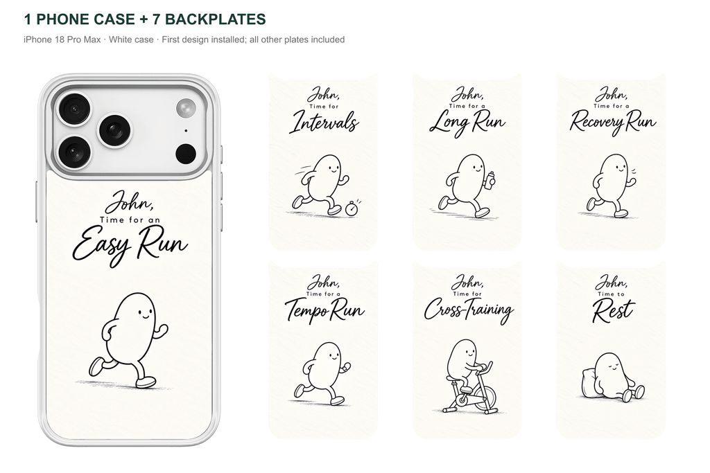 Running Days Personalized — 7 Backplates + 1 Phone Case — iPhone 18 Pro Max White case with all 7 backplates