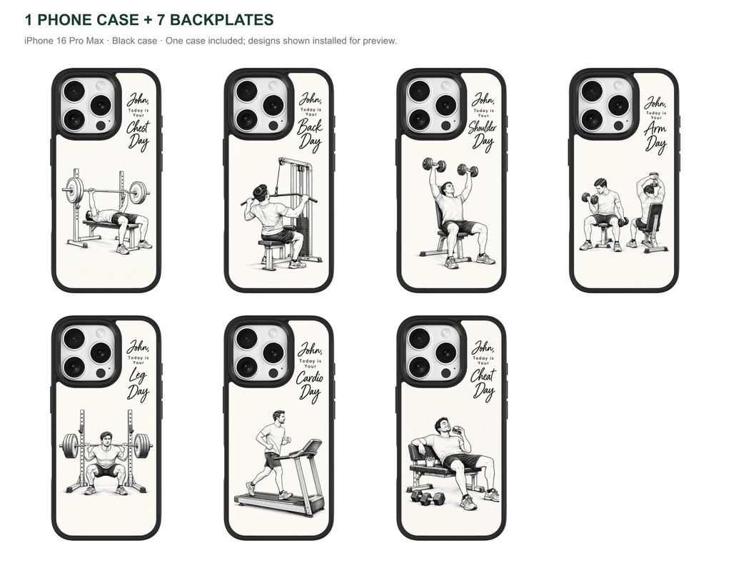 Training Days Personalized — 7 Backplates + 1 Phone Case — iPhone 16 Pro Max Black case — all designs shown installed; one case included