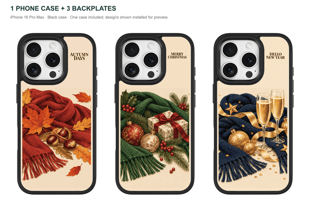 Holiday Season — 3 Backplates + 1 Phone Case — iPhone 16 Pro Max Black case — all designs shown installed; one case included