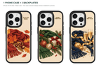 Holiday Season — 3 Backplates + 1 Phone Case — iPhone 16 Pro Max Black case — all designs shown installed; one case included